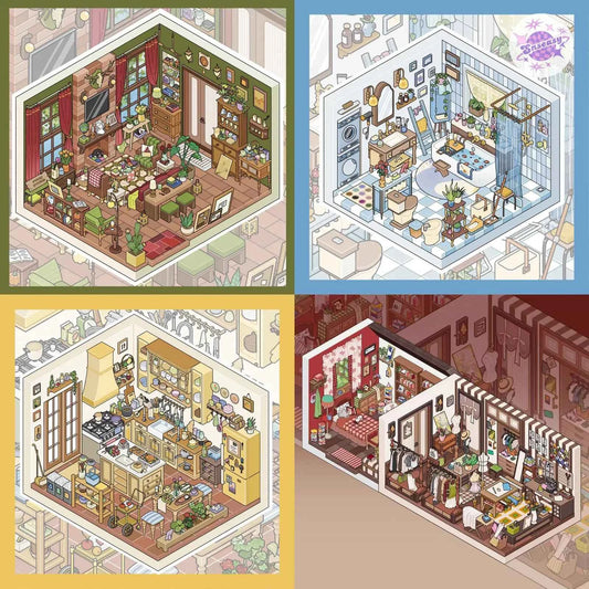 Field Town 2.0 – 3D Miniature Sticker Scenes - 3 Theme Sets: Living Room | Kitchen | Bathroom
