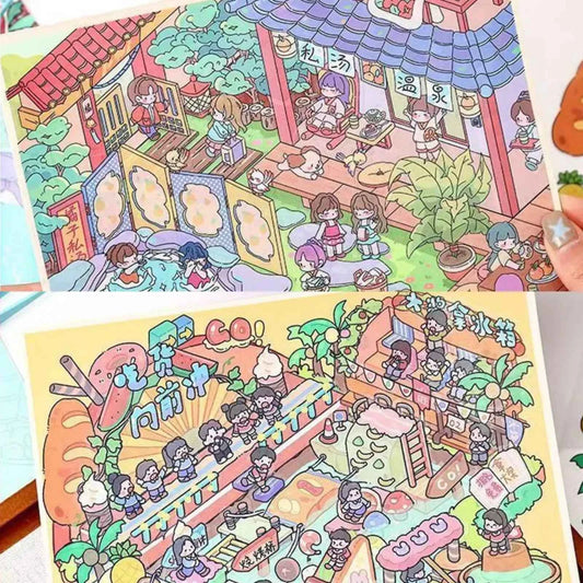 Plus Food Festival – 3D Miniature Sticker Scenes - 2 Theme Sets: Private Hot Spring | Food Festival