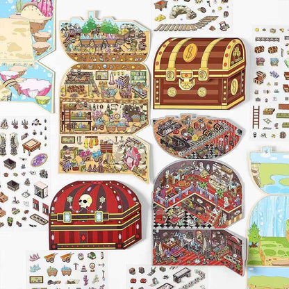 Treasure Hunt – 3D Miniature Sticker Scenes - 4 Theme Sets: Mountain Treasure | Castle Treasure | Underwater Treasure | Underground Treasure