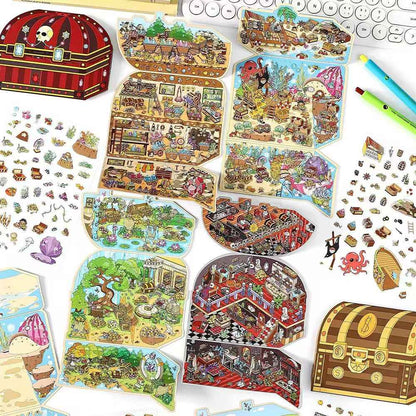 Treasure Hunt – 3D Miniature Sticker Scenes - 4 Theme Sets: Mountain Treasure | Castle Treasure | Underwater Treasure | Underground Treasure