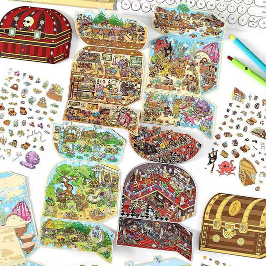 Treasure Hunt – 3D Miniature Sticker Scenes - 4 Theme Sets: Mountain Treasure | Castle Treasure | Underwater Treasure | Underground Treasure