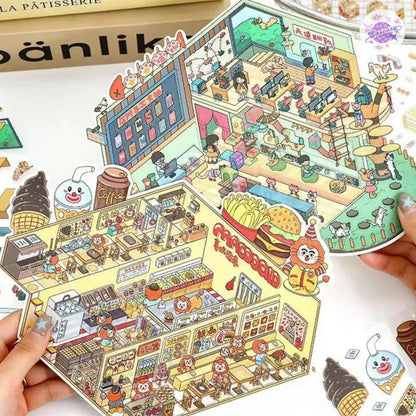 Plus Animal Shop – 3D Miniature Sticker Scenes - 2 Theme Sets: Lion Shop | Star Cat Café