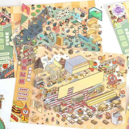 Plus Animal Shop – 3D Miniature Sticker Scenes - 2 Theme Sets: Lion Shop | Star Cat Café