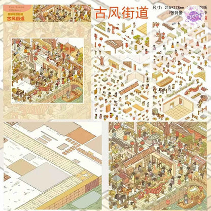 Plus Character Series – 3D Miniature Sticker Scenes - 8 Theme Sets: Skeleton Street | Ancient Style Street | Underwater Concert | Water Park