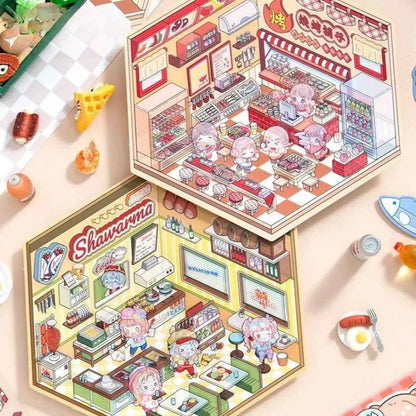 Shiny Shop – 3D Miniature Sticker Scenes - 2 Theme Sets: Barbecue Shop | Restaurant