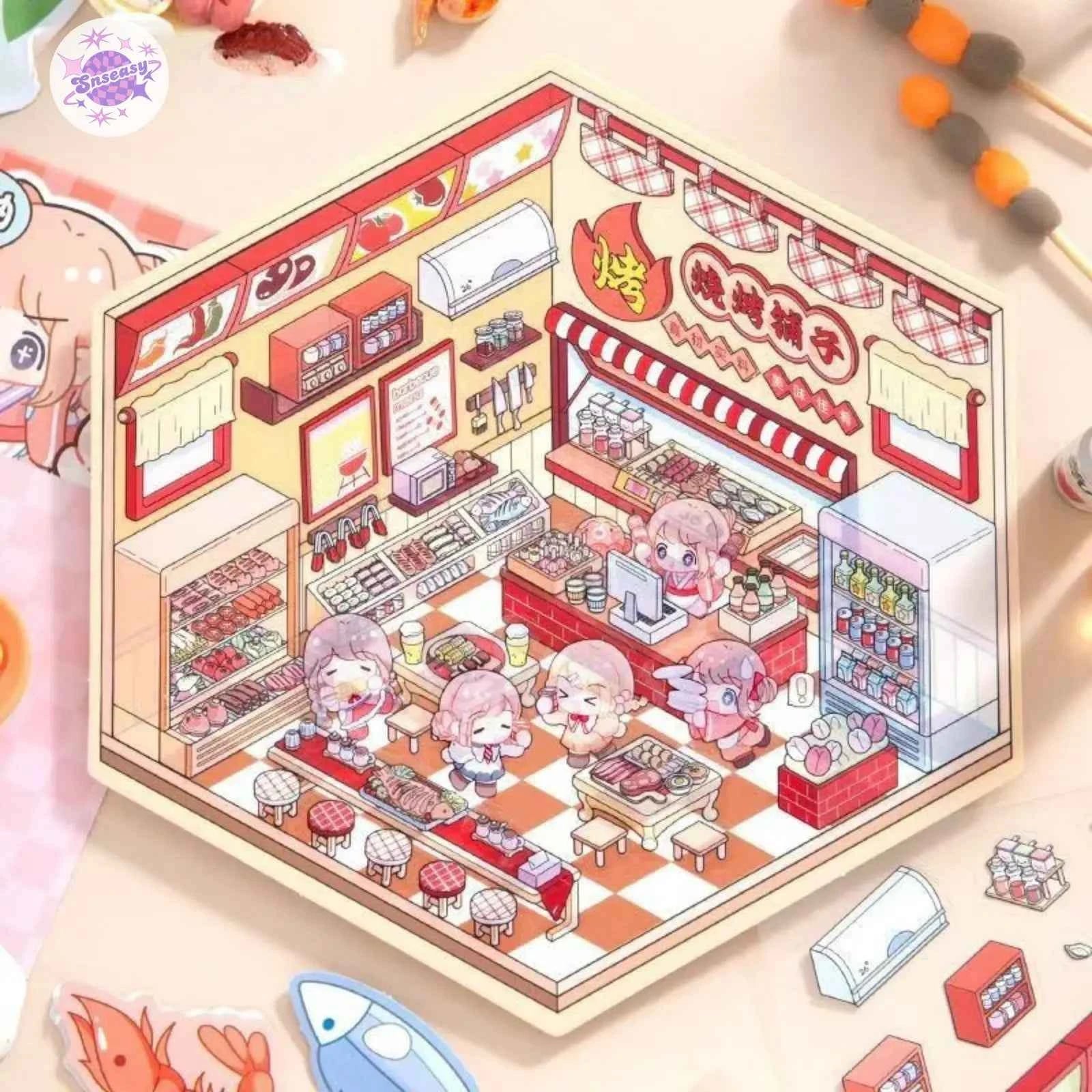 Shiny Shop – 3D Miniature Sticker Scenes - 2 Theme Sets: Barbecue Shop | Restaurant