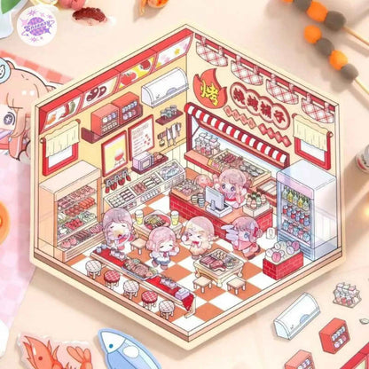 Shiny Shop – 3D Miniature Sticker Scenes - 2 Theme Sets: Barbecue Shop | Restaurant
