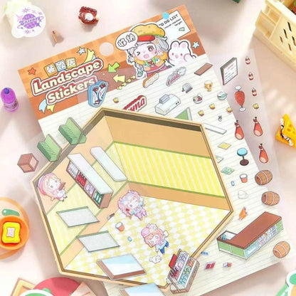 Shiny Shop – 3D Miniature Sticker Scenes - 2 Theme Sets: Barbecue Shop | Restaurant