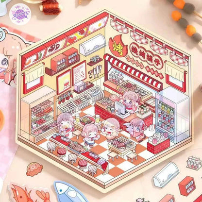 Shiny Shop – 3D Miniature Sticker Scenes - 2 Theme Sets: Barbecue Shop | Restaurant