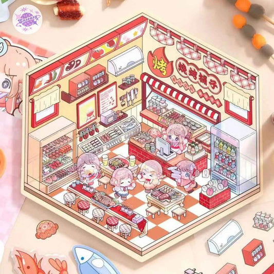 Shiny Shop – 3D Miniature Sticker Scenes - 2 Theme Sets: Barbecue Shop | Restaurant