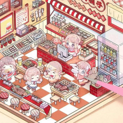 Shiny Shop – 3D Miniature Sticker Scenes - 2 Theme Sets: Barbecue Shop | Restaurant