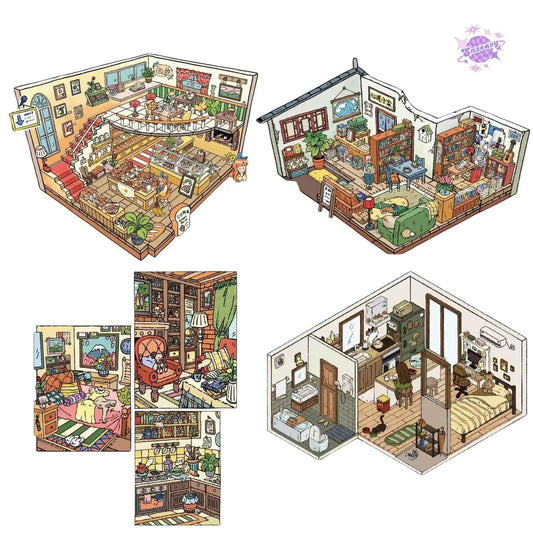 Romantic Corner 4.0 – 3D Miniature Sticker Scenes - 4 Theme Sets: Street Corner Bakery | Alley Bookshop | Romantic Frames | Romantic Check-in
