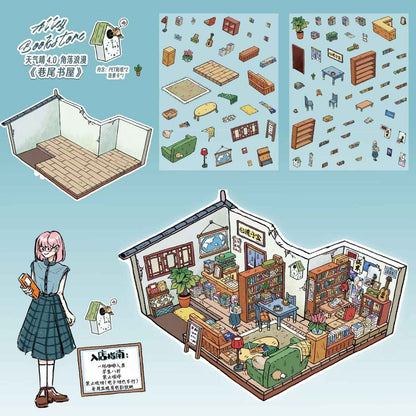 Romantic Corner 4.0 – 3D Miniature Sticker Scenes - 4 Theme Sets: Street Corner Bakery | Alley Bookshop | Romantic Frames | Romantic Check-in