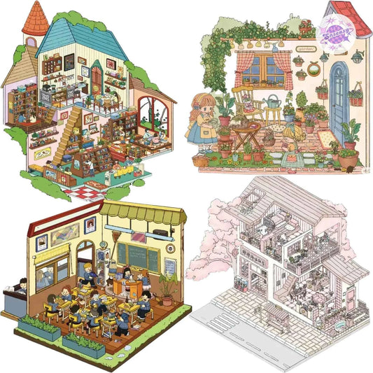 Beautiful Times 5.0 – 3D Miniature Sticker Scenes - 4 Theme Sets: Forest Library | Garden Diary | Classroom Break | Cherry Blossom House