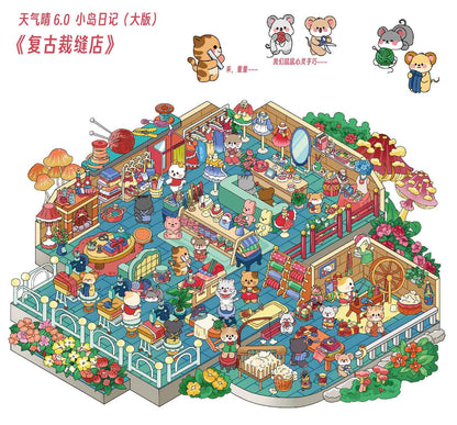 Plus Island Diary 6.0 – 3D Miniature Sticker Scenes - 4 Theme Sets: Dog Car Wash | Capybara Beach | Cat Research Lab | Cat Tailor Shop