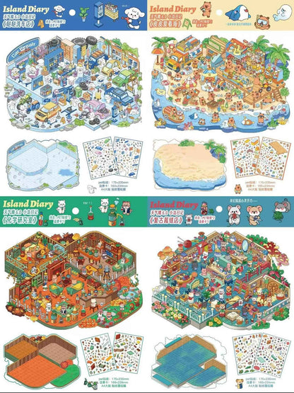 Plus Island Diary 6.0 – 3D Miniature Sticker Scenes - 4 Theme Sets: Dog Car Wash | Capybara Beach | Cat Research Lab | Cat Tailor Shop