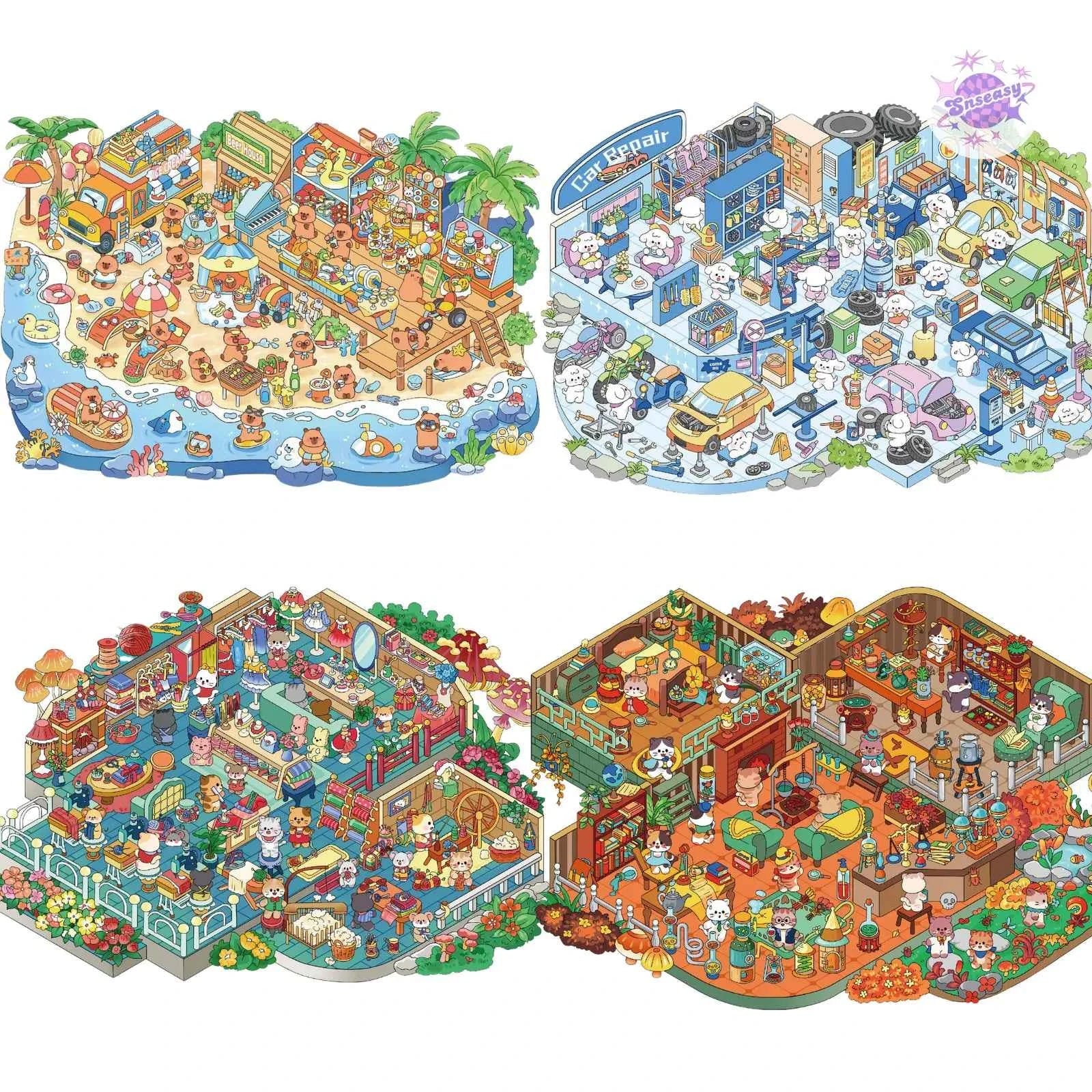 Plus Island Diary 6.0 – 3D Miniature Sticker Scenes - 4 Theme Sets: Dog Car Wash | Capybara Beach | Cat Research Lab | Cat Tailor Shop