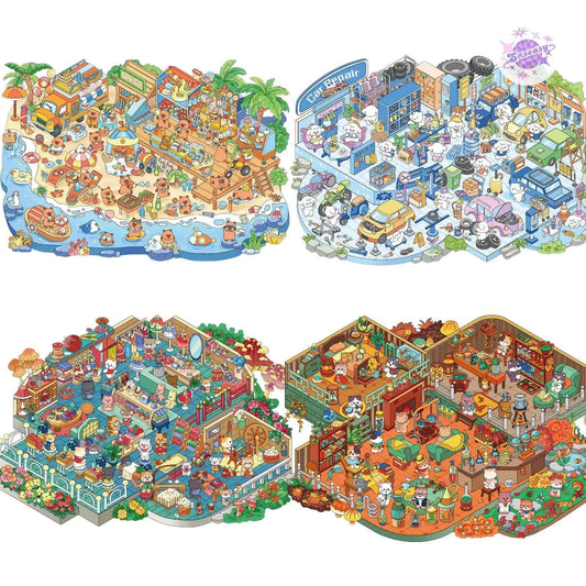 Plus Island Diary 6.0 – 3D Miniature Sticker Scenes - 4 Theme Sets: Dog Car Wash | Capybara Beach | Cat Research Lab | Cat Tailor Shop