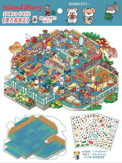 Plus Island Diary 6.0 – 3D Miniature Sticker Scenes - 4 Theme Sets: Dog Car Wash | Capybara Beach | Cat Research Lab | Cat Tailor Shop