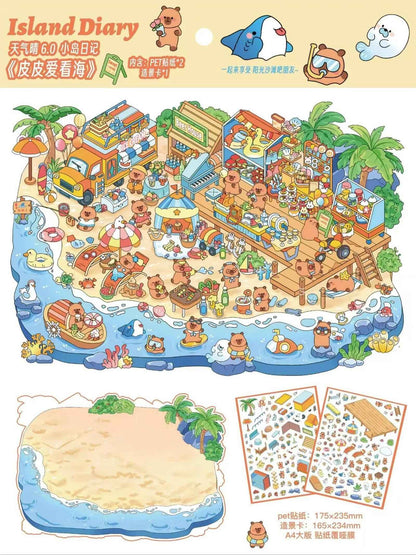 Plus Island Diary 6.0 – 3D Miniature Sticker Scenes - 4 Theme Sets: Dog Car Wash | Capybara Beach | Cat Research Lab | Cat Tailor Shop