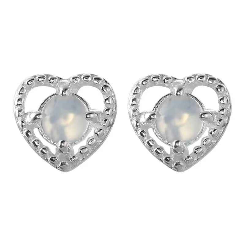 "Love Moonlight" 925 Sterling Silver Moonstone Heart Screw-back Earrings - Delicate, Elegant, and Unique