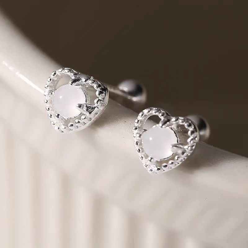 "Love Moonlight" 925 Sterling Silver Moonstone Heart Screw-back Earrings - Delicate, Elegant, and Unique