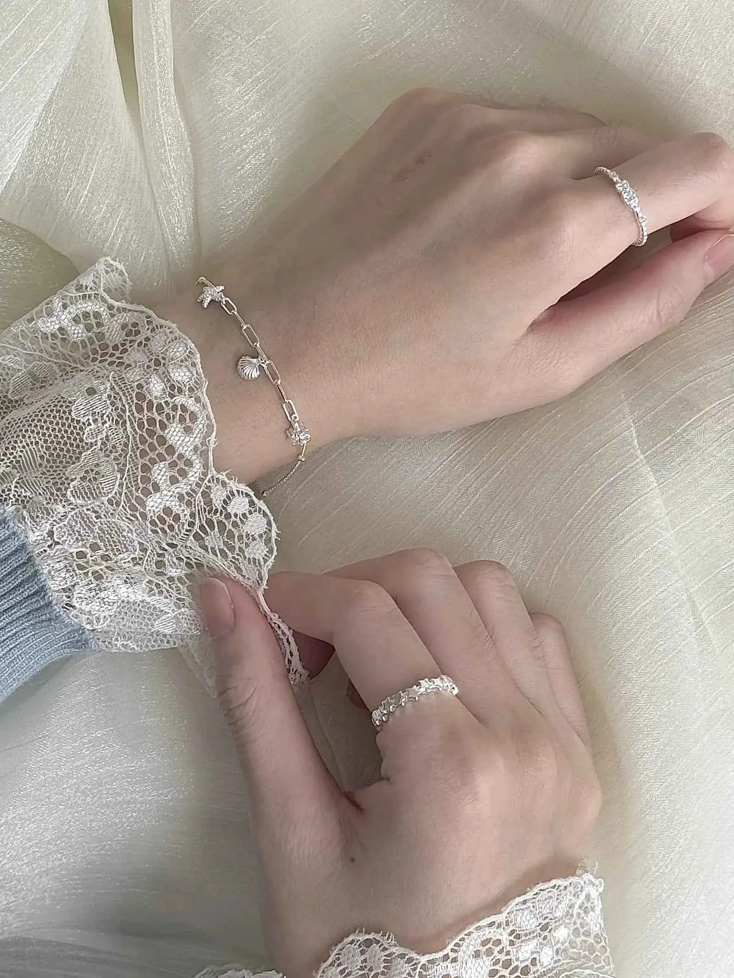 "South of France Holiday" S925 Sterling Silver Seashell and Starfish Bracelet with Fish and Star Ring - Summer, Unique, and Cool Chic