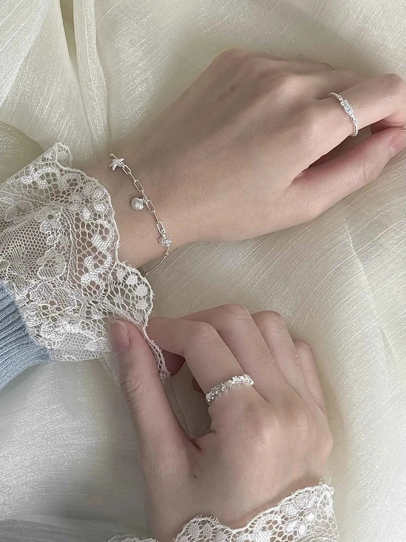 "South of France Holiday" S925 Sterling Silver Seashell and Starfish Bracelet with Fish and Star Ring - Summer, Unique, and Cool Chic