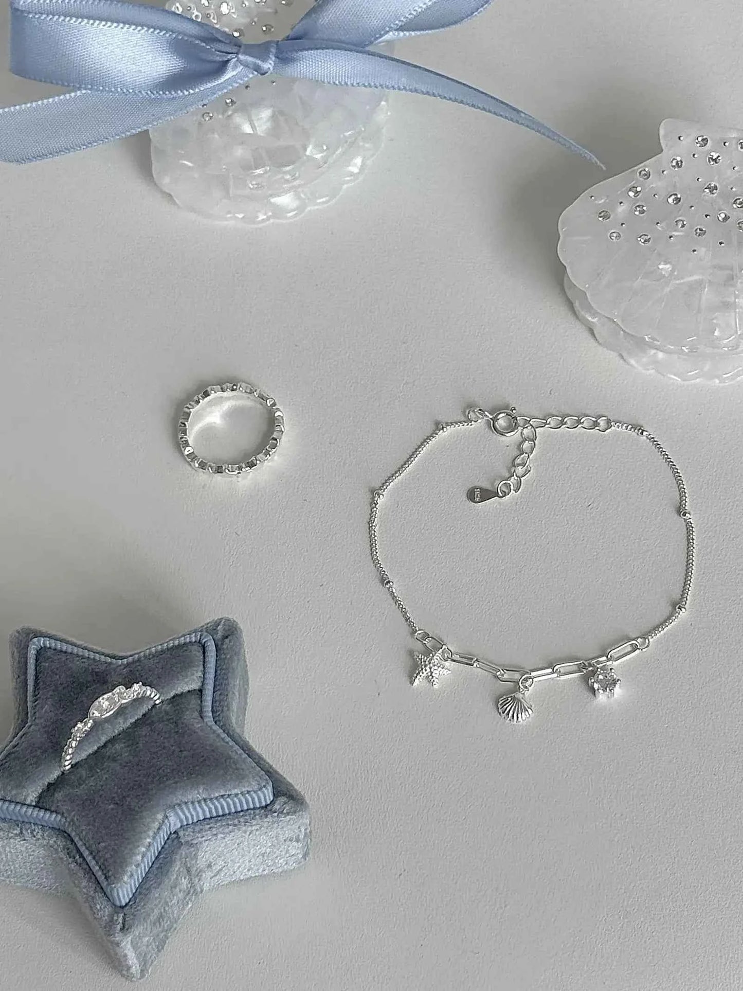 "South of France Holiday" S925 Sterling Silver Seashell and Starfish Bracelet with Fish and Star Ring - Summer, Unique, and Cool Chic