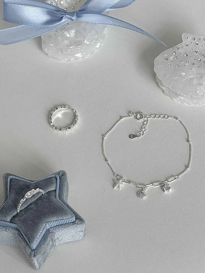 "South of France Holiday" S925 Sterling Silver Seashell and Starfish Bracelet with Fish and Star Ring - Summer, Unique, and Cool Chic
