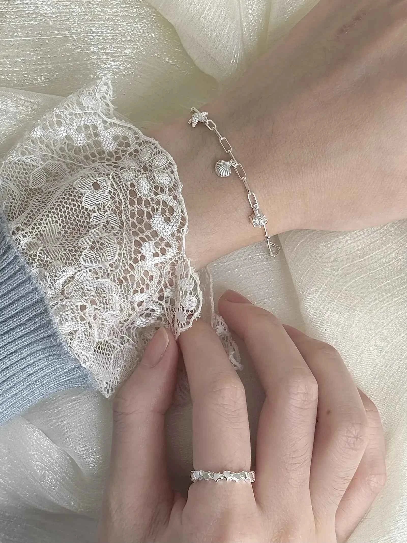 "South of France Holiday" S925 Sterling Silver Seashell and Starfish Bracelet with Fish and Star Ring - Summer, Unique, and Cool Chic