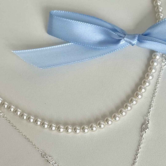 "Oil Painting Maiden" 925 Sterling Silver Cube Sugar Diamond and Pearl Vintage Layered Necklace - Low Luxury, Elegant, and Refined