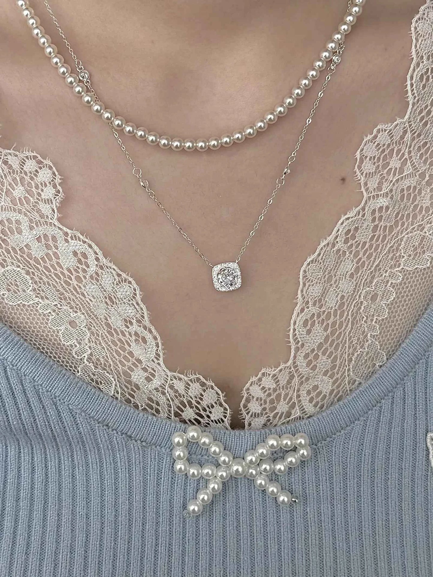 "Oil Painting Maiden" 925 Sterling Silver Cube Sugar Diamond and Pearl Vintage Layered Necklace - Low Luxury, Elegant, and Refined