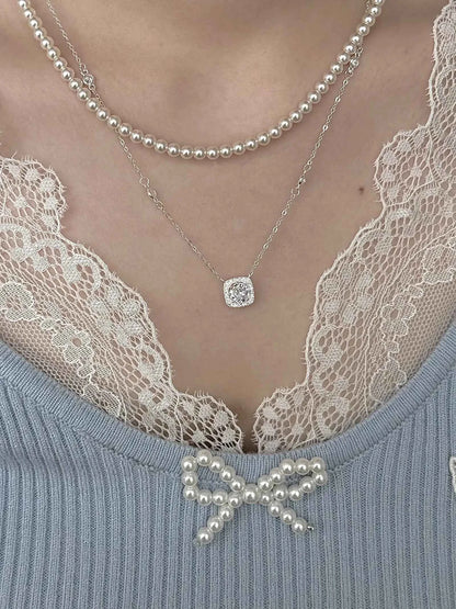 "Oil Painting Maiden" 925 Sterling Silver Cube Sugar Diamond and Pearl Vintage Layered Necklace - Low Luxury, Elegant, and Refined