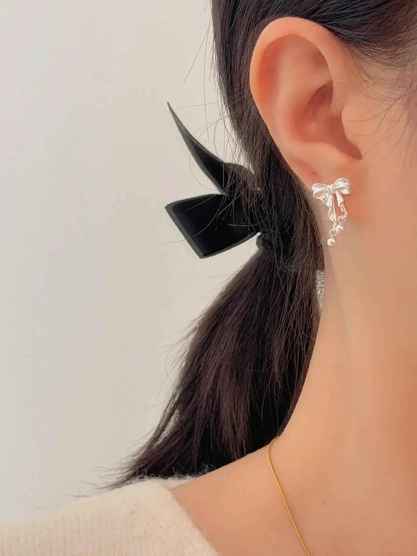 "Dancing Ballet" 999 Pure Silver 3D Bowknot and Silver Ball Stud Earrings - Elegant, Graceful, and Unique