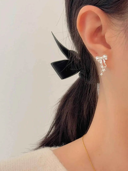 "Dancing Ballet" 999 Pure Silver 3D Bowknot and Silver Ball Stud Earrings - Elegant, Graceful, and Unique