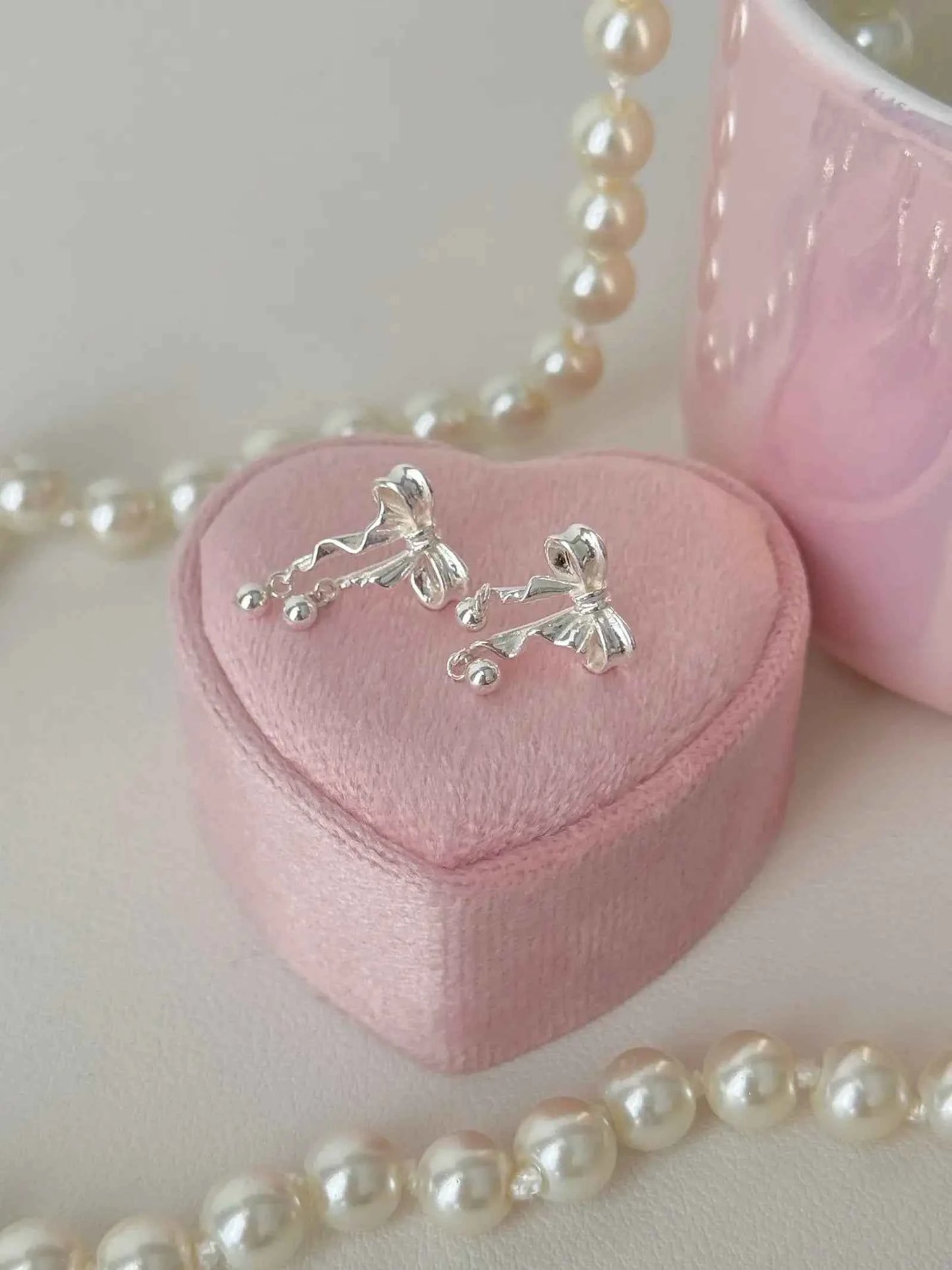 "Dancing Ballet" 999 Pure Silver 3D Bowknot and Silver Ball Stud Earrings - Elegant, Graceful, and Unique