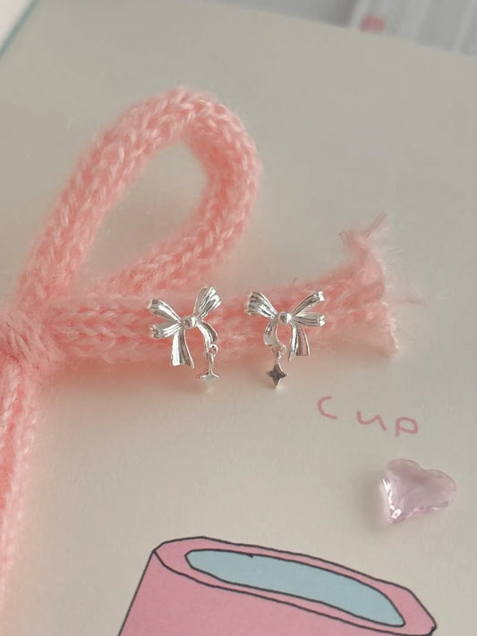 Ballet Skirt 999 Pure Silver Hollow Bowknot and Star Stud Earrings &#8211; Graceful Delicate and Unique 3