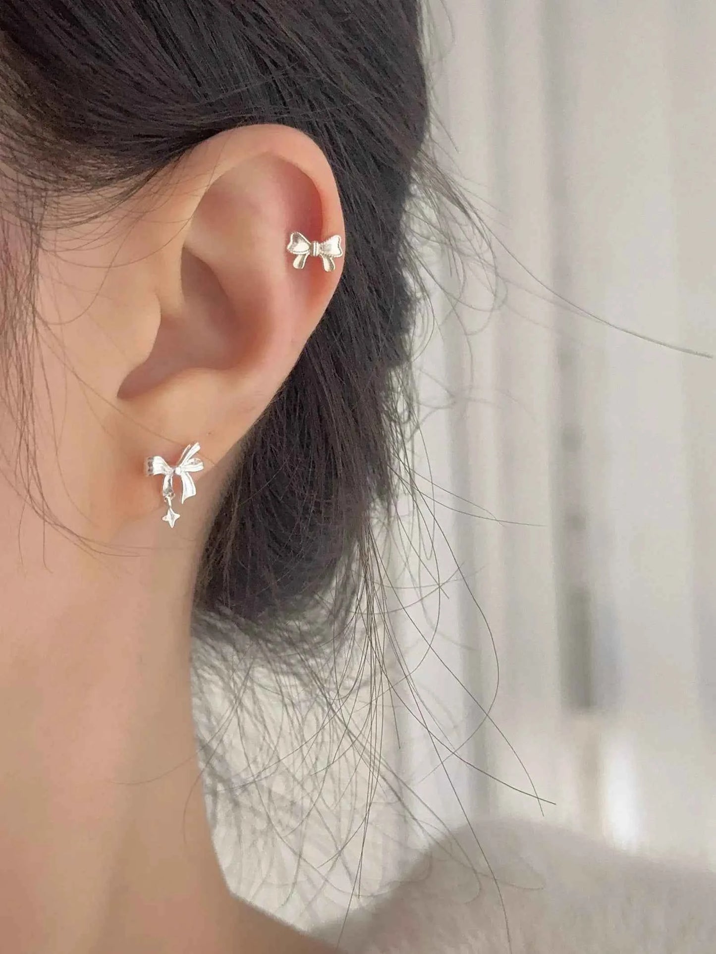 "Ballet Skirt" 999 Pure Silver Hollow Bowknot and Star Stud Earrings - Graceful, Delicate, and Unique
