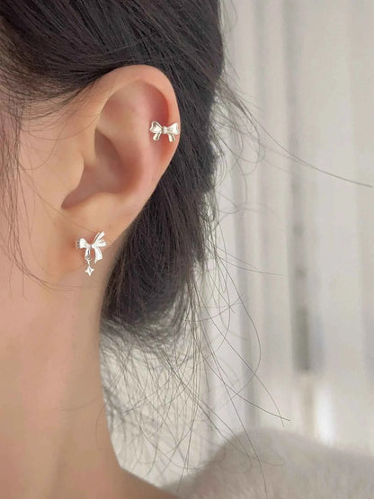 "Ballet Skirt" 999 Pure Silver Hollow Bowknot and Star Stud Earrings - Graceful, Delicate, and Unique