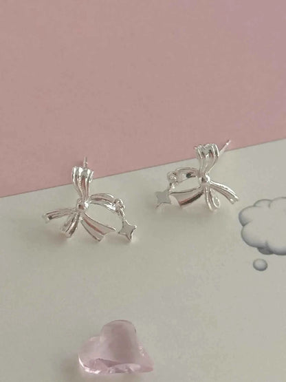 "Ballet Skirt" 999 Pure Silver Hollow Bowknot and Star Stud Earrings - Graceful, Delicate, and Unique