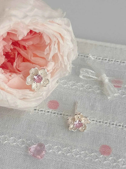"Cherry Blossom Delight" 999 Pure Silver Sakura Stud Earrings with Artificial Gems - Elegant, Delicate, and Unique