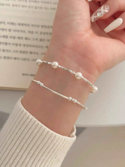 "Bamboo Bubble" 925 Sterling Silver Bamboo and Pearl Bracelet - Delicate, Elegant, and Versatile