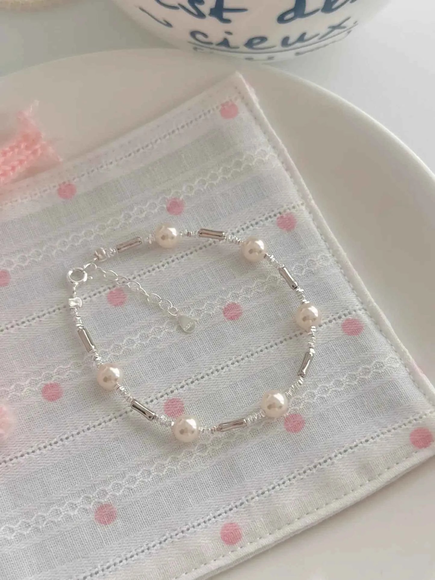 "Bamboo Bubble" 925 Sterling Silver Bamboo and Pearl Bracelet - Delicate, Elegant, and Versatile