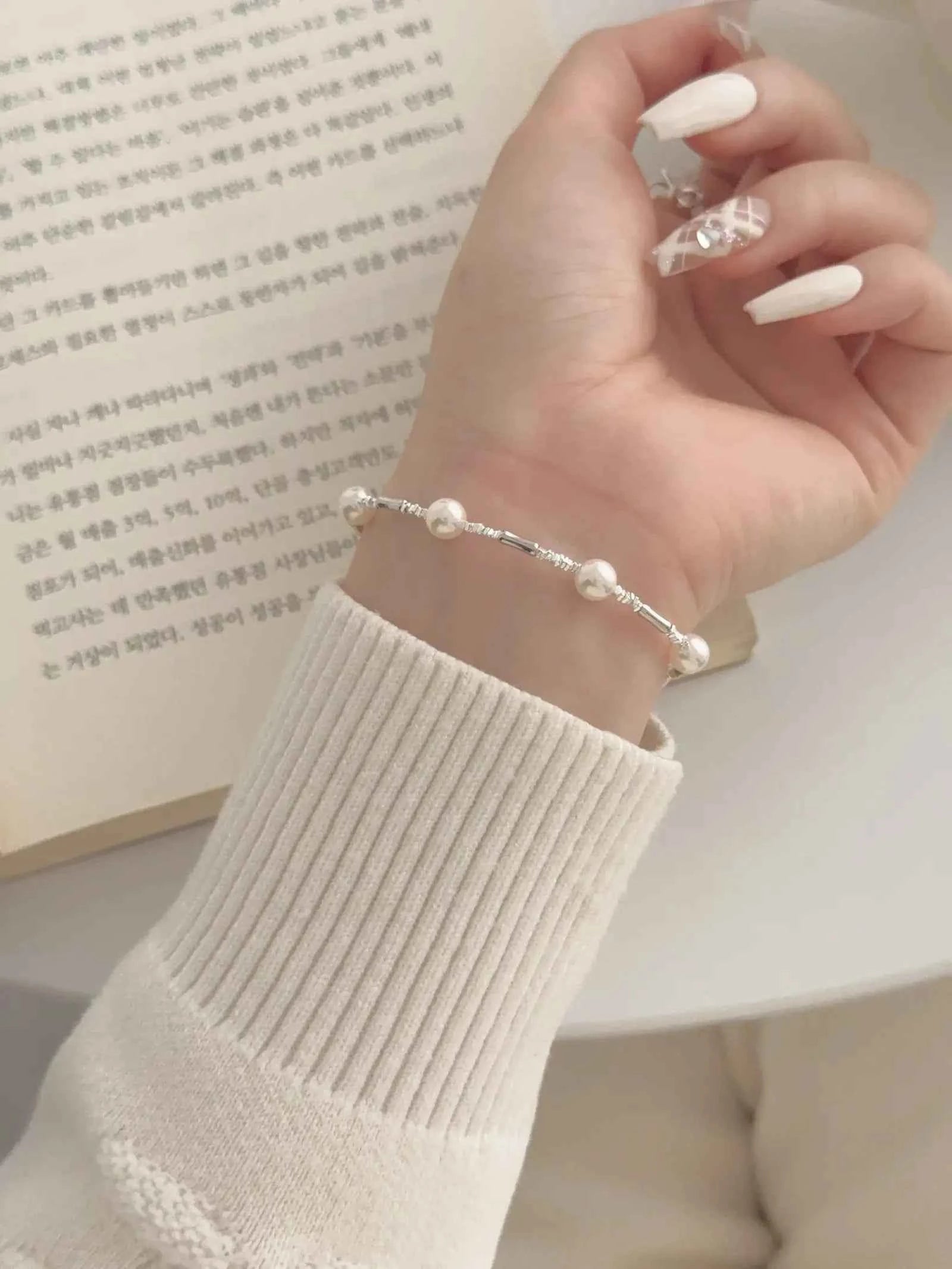 "Bamboo Bubble" 925 Sterling Silver Bamboo and Pearl Bracelet - Delicate, Elegant, and Versatile