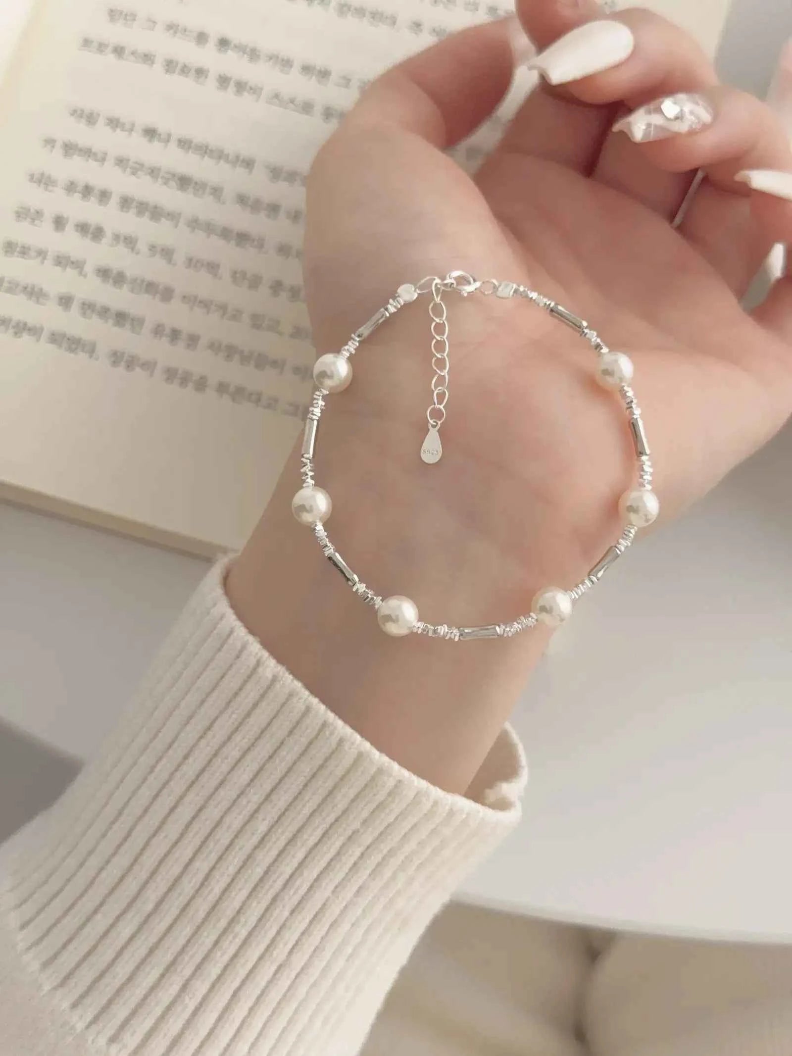 "Bamboo Bubble" 925 Sterling Silver Bamboo and Pearl Bracelet - Delicate, Elegant, and Versatile