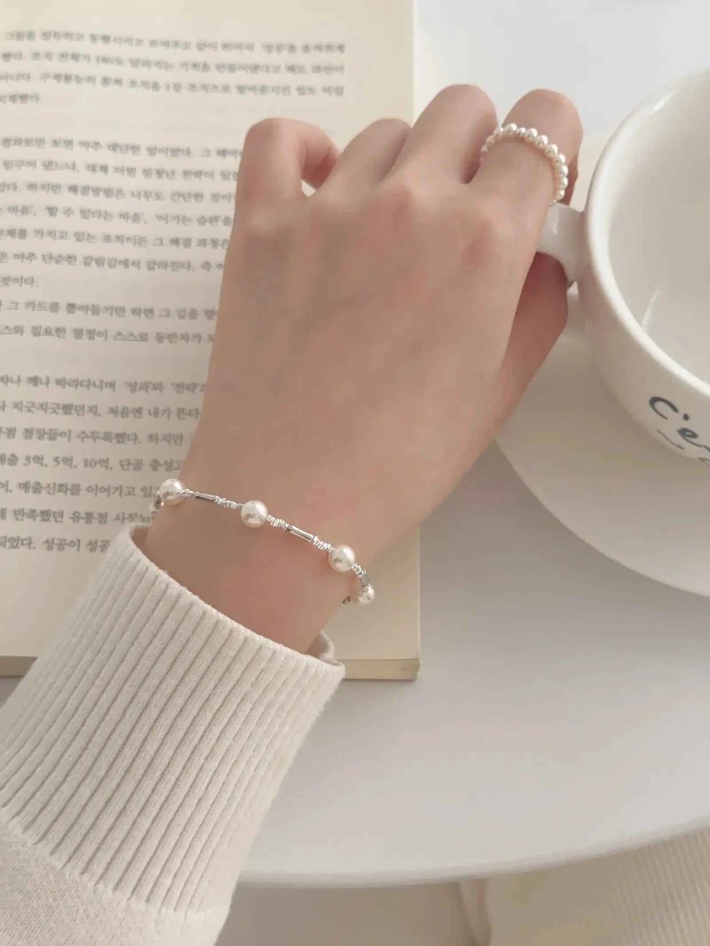 "Bamboo Bubble" 925 Sterling Silver Bamboo and Pearl Bracelet - Delicate, Elegant, and Versatile