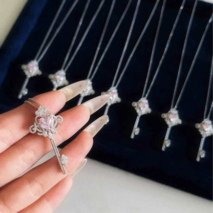 "Princess Key" 925 Sterling Silver Necklace with Pink Zircon - Sweet, Elegant, and Royal