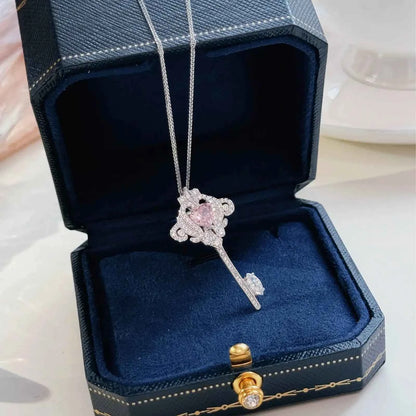 "Princess Key" 925 Sterling Silver Necklace with Pink Zircon - Sweet, Elegant, and Royal