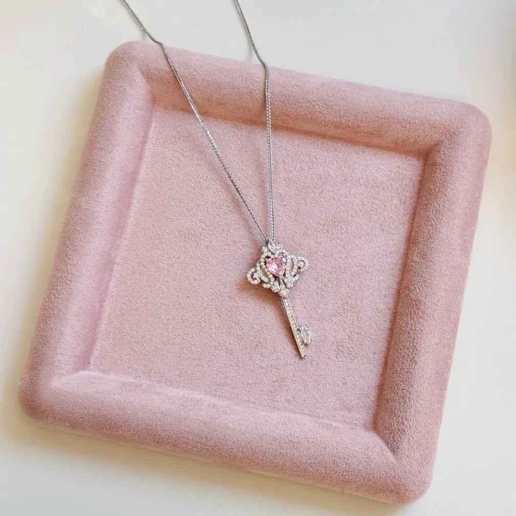 "Princess Key" 925 Sterling Silver Necklace with Pink Zircon - Sweet, Elegant, and Royal